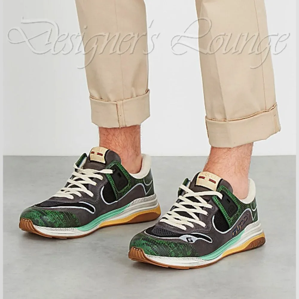 NEW GUCCI Men's ULTRAPACE Low Top Sneakers In Green Tejus Leather G 7.5 / US 8
